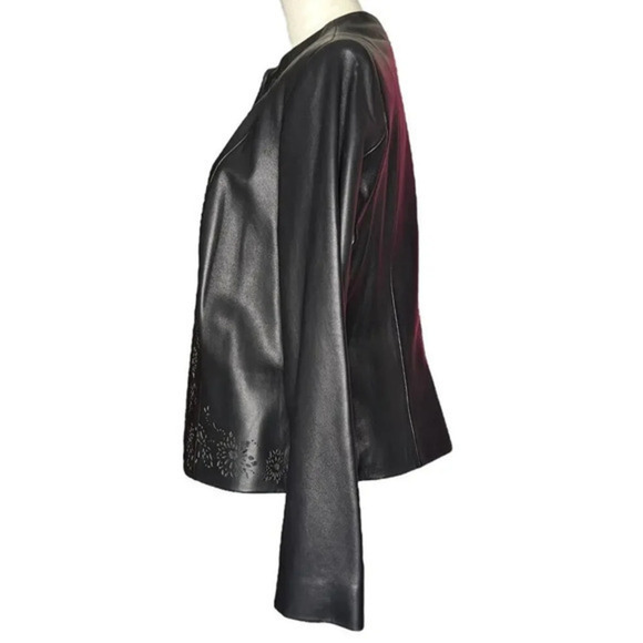 PRESTON & YORK Black Leather Jacket Cutout Design Zip Up Size Medium - Picture 3 of 8